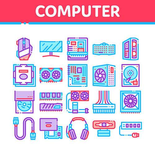 Computer Technology Collection Icons Set Vector. Computer Mouse And Keyboard, Monitor And Video Card, Earphones And Cooler, Disk And Cord Concept Linear Pictograms. Contour Illustrations