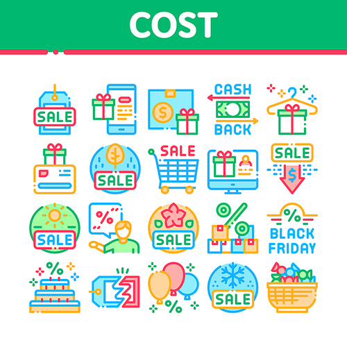 Cost Reduction Sale Collection Icons Set Vector. Winter And Summer Seasonal Cost Reduction, Discount Card And Black Friday, Cashback And Gift Concept Linear Pictograms. Contour Illustrations