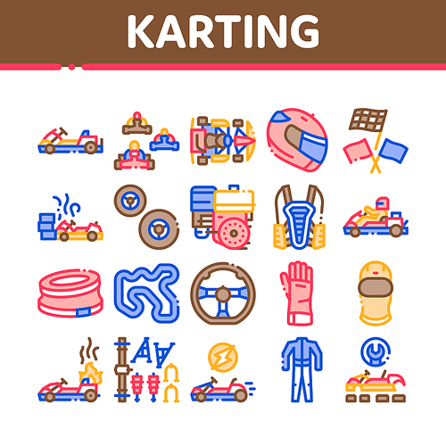Karting Motorsport Collection Icons Set Vector. Karting Race And Track, Kart Engine And Steering Wheel, Driver Helmet And Suit Gloves And Mask Concept Linear Pictograms. Contour Illustrations