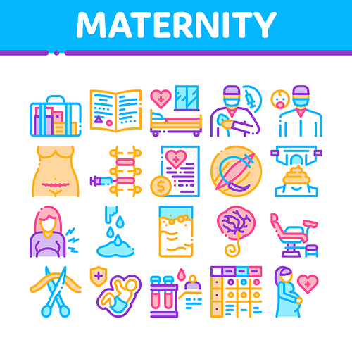 Maternity Hospital Collection Icons Set Vector. Hospital Prenatal Ward And Generic Chair, Anesthesiologist And Obstetrician, Contractions And Placenta Concept Linear Pictograms. Contour Illustrations