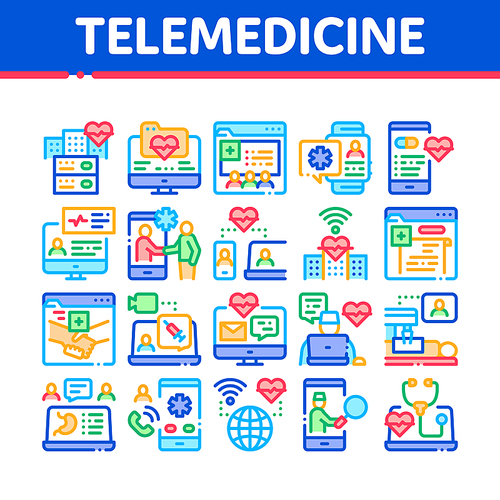 Telemedicine Treatment Collection Icons Set Vector. Patient Online Medical Exam And Telemedicine, Internet Video Call With Doctor And Diagnostic Concept Linear Pictograms. Contour Illustrations
