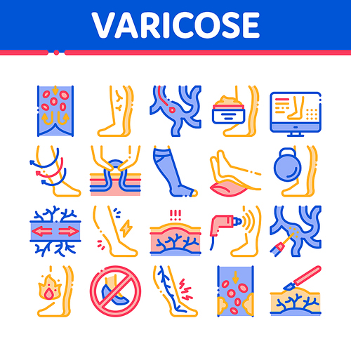 Varicose Veins Disease Collection Icons Set Vector. Varicose Symptoms And Treatment, Legs Pain And Medicine Cream, Ultrasound And Surgery Concept Linear Pictograms. Contour Illustrations
