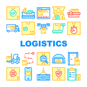Logistics Service Collection Icons Set Vector. Logistics Warehouse And Conveyor, Ship And Truck, Loader And Delivery Drone, Phone App Tracking Concept Linear Pictograms. Color Contour Illustrations