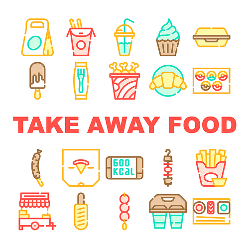 Take Away Food Service Collection Icons Set Vector. Pizza And Sushi, Donuts And Ice Cream, Croissant And Tanghulu, Food And Drink Concept Linear Pictograms. Color Contour Illustrations