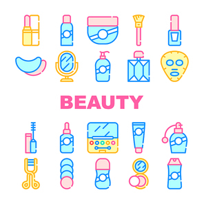 Beauty Salon Accessory Collection Icons Set Vector. Lipstick And Powder, Beauty Facial Mask And Perfume, Cream And Shampoo, Mirror And Nail Polish Concept Linear Pictograms. Contour Illustrations