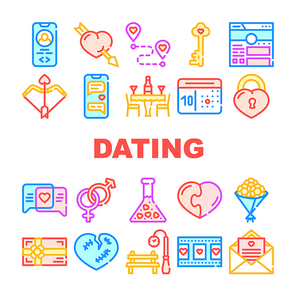 Dating Love Romantic Collection Icons Set Vector. Broken And Loving Heart, Bouquet Flowers And Chocolate Candy Box, Message And Film Dating Concept Linear Pictograms. Color Contour Illustrations