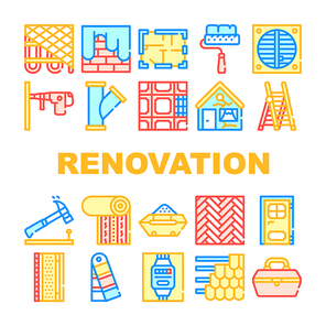 Renovation Home Repair Collection Icons Set Vector. Drilling And Nailing Hammer Renovation Equipment, Painting And Wallpapering Concept Linear Pictograms. Color Contour Illustrations