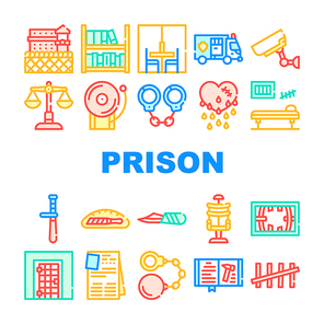 Prison Building And Accessory Icons Set Vector. Prison Cell And Electric Chair, Library And Visit Room, Knife In Bread And Police Baton Concept Linear Pictograms. Color Contour Illustrations