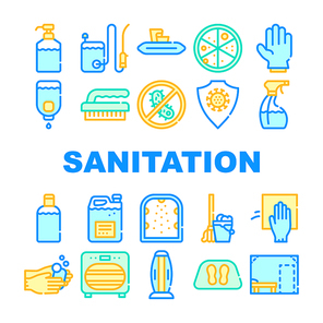 Sanitation Accessories Collection Icons Set Vector. Sanitation Equipment And Tool, Anti-virus Protection Brush Glove, Disinfection Spray Liquid Concept Linear Pictograms. Color Contour Illustrations