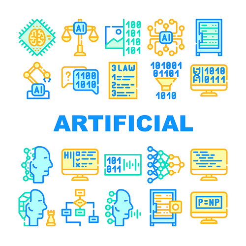 Artificial Intelligence System Icons Set Vector. Artificial Intelligence Binary Code And Robot, Digital Brain And Robotic Arm Collection Concept Linear Pictograms. Color Contour Illustrations