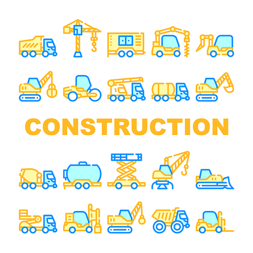 Construction Vehicle Collection Icons Set Vector. Construction Crane And Bulldozer, Wheel And Skid Loader, Scissor Lift And Concrete Mixer Concept Linear Pictograms. Color Contour Illustrations