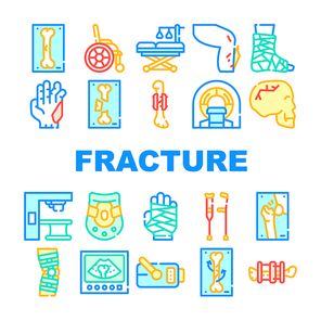 Fracture Accident Collection Icons Set Vector. Bone And Hand, Leg And Skull Fracture Trauma, Hospital Treatment Equipment And Rehabilitation Tool Concept Linear Pictograms. Color Contour Illustrations