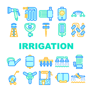 Irrigation System Collection Icons Set Vector. Watering Pistol And Watering Can, Well And Hose Agricultural Water Irrigation Farm Equipment Concept Linear Pictograms. Color Contour Illustrations