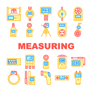 Measuring Equipment Collection Icons Set Vector. Measuring Temperature And Weight, Distance And Water Ph Gadget, Accelerometer And Planimeter Concept Linear Pictograms. Color Contour Illustrations