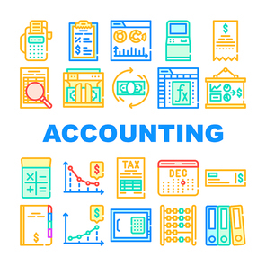 Accounting And Finance Collection Icons Set Vector. Accounting Business, Financial Report With Growth And Falling Revenue Infographic, Tax And Money Linear Pictograms. Color Contour Illustrations