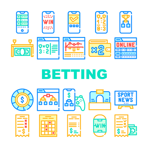Betting On Gambling Collection Icons Set Vector. Online Betting On Sportive Games, Internet Monitoring And Sport News, Brokerage Office And Phone App Linear Pictograms. Color Contour Illustrations