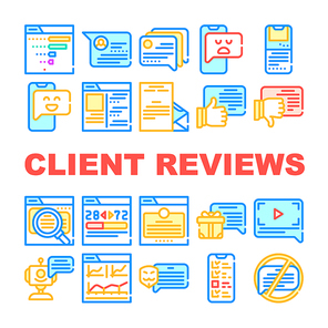 Client Review Feedback Collection Icons Set Vector. Anonymous And Video Client Review, Like And Dislike, Satisfied And Disappointed Customer Concept Linear Pictograms. Color Contour Illustrations