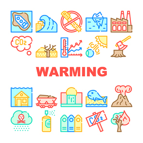 Global Warming Problem Collection Icons Set Vector. Acid Rain And Forest Fires, Glacier Melting And Deforestation, Flood And Drought Warming Concept Linear Pictograms. Color Contour Illustrations