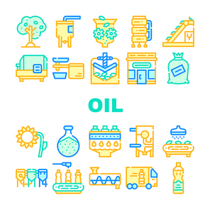 Oil Production Plant Collection Icons Set Vector. Olive Tree And Oil Bottle, Elevator And Crusher, Brazier And Sorting Line, Press And Refiner Concept Linear Pictograms. Color Contour Illustrations