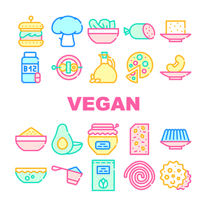 Vegan Menu Restaurant Collection Icons Set Vector. Vegan Hamburger And Pizza, Mushroom And Vegetable Kebab, Salad And Tofu Cheese Concept Linear Pictograms. Color Contour Illustrations