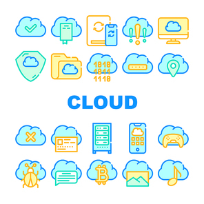 Cloud Service Storage Collection Icons Set Vector. Cloud Data Security And Information, Music And Photography Storaging, Game Safe And Location Concept Linear Pictograms. Color Contour Illustrations
