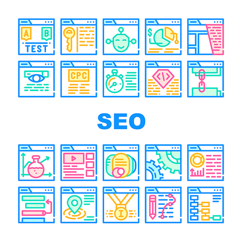 Seo Search Engine Optimization Icons Set Vector. Seo Copywriting And Monitoring, Content And Analyzing, Settings And Links Collection Concept Linear Pictograms. Color Contour Illustrations