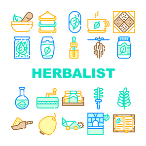 Herbalist Medical Collection Icons Set Vector. Scissors And Dryer, Organizer And Package Herbalist Equipment, Herbal Tea And Medicine Pills Concept Linear Pictograms. Color Contour Illustrations
