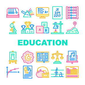 Education Science Collection Icons Set Vector. Chemistry And Physics, Sport And Literature, Music And Art, Biology And Mathematics Education Concept Linear Pictograms. Color Contour Illustrations
