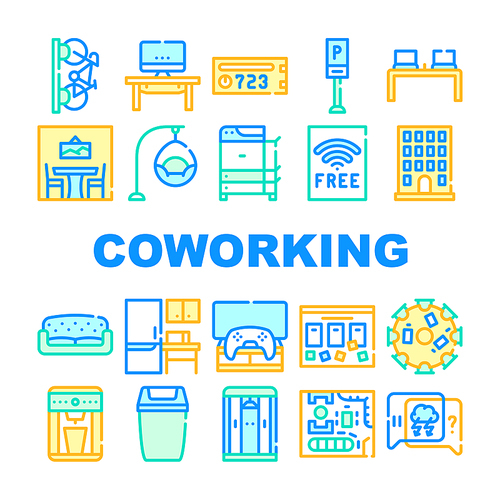Coworking Work Office Collection Icons Set Vector. Coworking Layout And Furniture, Building And Parking, Workplace And Relaxation Place Concept Linear Pictograms. Color Contour Illustrations