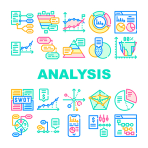 Data Analysis Diagram Collection Icons Set Vector. Financial And Swot Analysis, Economy And Business Analytics, Infographic And Chart Research Concept Linear Pictograms. Color Contour Illustrations