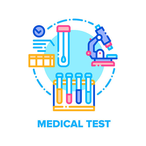 Medical Test Vector Icon Concept. Medical Laboratory Equipment For Researching Patient Analysis, Microscope And Flask. Medicine, Pharmaceutical, Scientific Research And Development Color Illustration