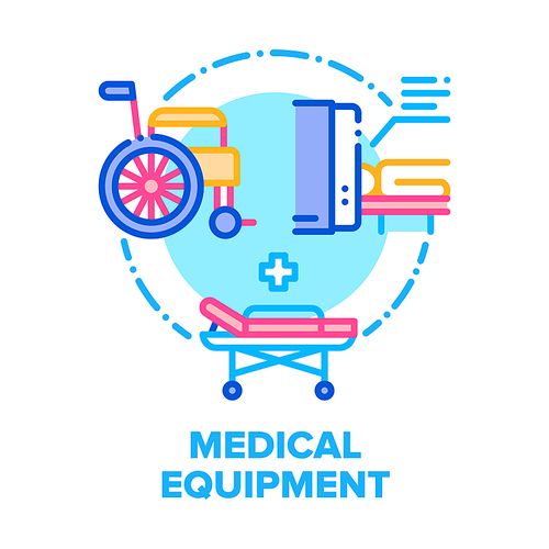 Medical Equipment Hospital Vector Icon Concept. Magnetic Resonance Imaging Mri For Patient Examination, Stretcher And Wheelchair Clinic Equipment For Intensive Care And Reanimation Color Illustration