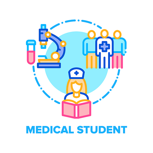 Medical Student Vector Icon Concept. Chemical Scientist, Nurse Or Doctor Student Reading Book And Practicing In Clinic, Laboratory And Hospital Worker. Medicine Education Color Illustration