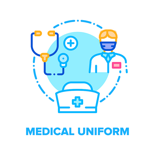 Medical Uniform Vector Icon Concept. Doctor Profession Suit And Nurse Hat, Facial Mask And Medical Stethoscope Equipment For Examination Patient Health. Hospital Worker Costume Color Illustration