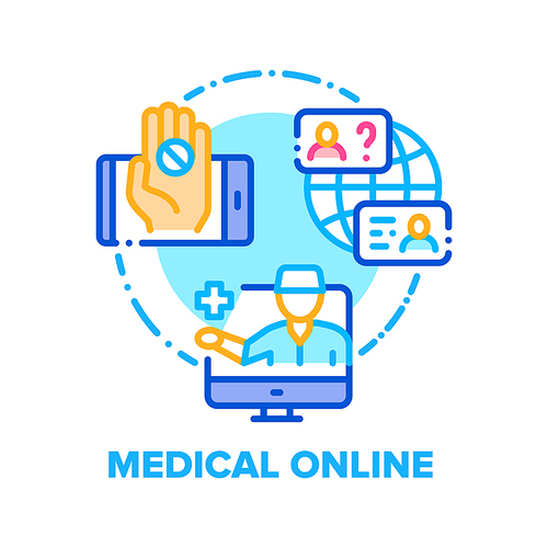 Medical Online Vector Icon Concept. Doctor Online Patient Examination, Consultation And Sending Drug Prescription, Video Calling And Communication With Therapist Color Illustration