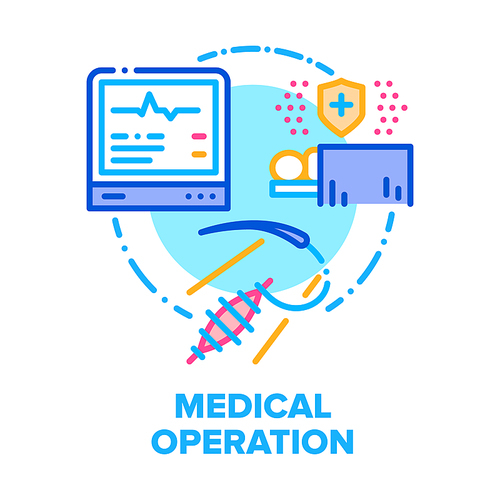 Medical Operation Patient Vector Icon Concept. Medicine Operation Electronic Equipment For Monitoring And Protect Human Health, Surgery Operating Room Device, Suturing Wound Color Illustration