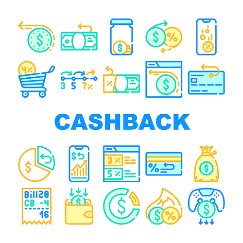 Cashback Money Service Collection Icons Set Vector. Cashback On Credit Card After Purchase And Game Buy, Bag With Cash And Wallet Concept Linear Pictograms. Color Contour Illustrations