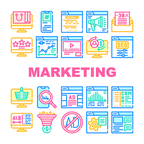 Digital Marketing Collection Icons Set Vector. Internet Marketing And Online Advertising, Seo And Crm, Advertise Settings And Video Advice Concept Linear Pictograms. Color Contour Illustrations