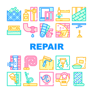Home Repair Service Collection Icons Set Vector. Building Construction And House Repair, Lay Tiles And Roof, Glue Part And Hammer With Nail Concept Linear Pictograms. Color Contour Illustrations