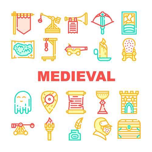 Medieval Middle Age Collection Icons Set Vector. Medieval Castle And Stained Glass, Knight Helmet And Shield, Candle And Torch, Map And Catapult Concept Linear Pictograms. Color Contour Illustrations