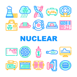 Nuclear Energy Power Collection Icons Set Vector. Acid Rain And Dna Decay, Mri Equipment And Nuclear Suitcase, Red Button And Control Concept Linear Pictograms. Color Contour Illustrations
