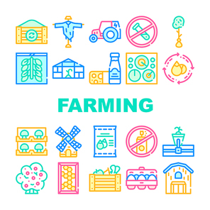 organic  farming collection icons set vector. electrical tractor and mill, organic farm greenhouse and barn, dairy products and eggs concept linear pictograms. color contour illustrations