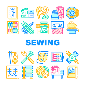 Sewing Craft Studio Collection Icons Set Vector. Sewing Machine And Scissors Equipment, Pattern And Thimble With Thread, Pin And Fabric Concept Linear Pictograms. Color Contour Illustrations