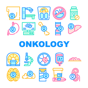 Oncology Examination Collection Icons Set Vector. Oncology Radiation Therapy Machine And Human Organ Cancer, Blood For Transfusion And Melanoma Concept Linear Pictograms. Color Contour Illustrations