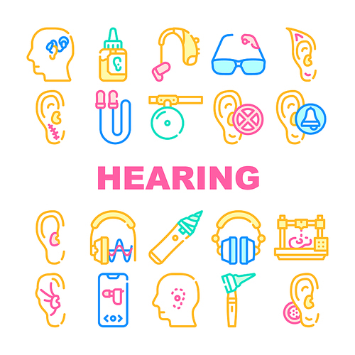 Hearing Equipment Collection Icons Set Vector. Cochlear Implant And Hearing Testing, Tool For Cleaning Ears And Otoscope Medical Device Concept Linear Pictograms. Color Contour Illustrations