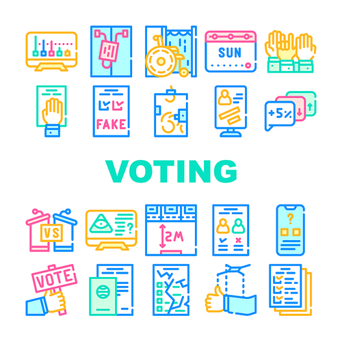 Voting And Elections Collection Icons Set Vector. Oath On Constitution And Ballot Box, Exit Polls, Disabled And Electronic Voting Booth, Concept Linear Pictograms. Color Contour Illustrations