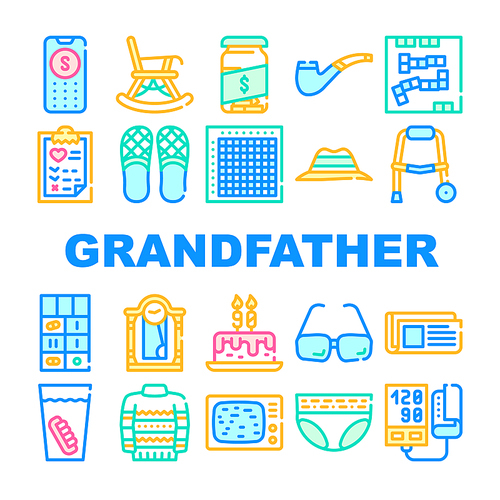 Grandfather Accessory Collection Icons Set Vector. Grandfather Glasses And Tv, False Jaw In Cup And Sweater, Newspaper And Hat, Domino And Bingo Concept Linear Pictograms. Color Contour Illustrations