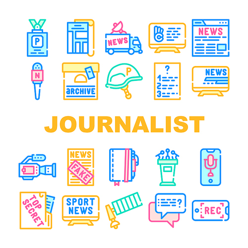 Journalist Accessories Collection Icons Set Vector. Journalist Badge And Helmet, Microphone And Video Camera Device, Sport And Fake News Concept Linear Pictograms. Color Contour Illustrations