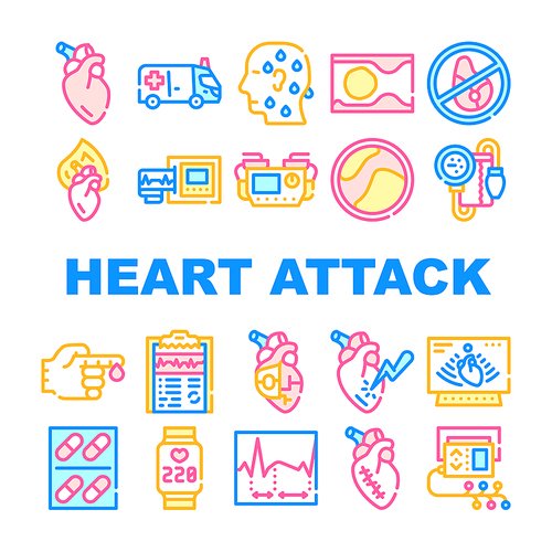 Heart Attack Disease Collection Icons Set Vector. Heart Human Organ And Rhythm, Ultrasound Medical Equipment And Ambulance Car, Concept Linear Pictograms. Color Contour Illustrations