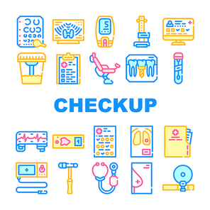 Medical Checkup Health Collection Icons Set Vector. Medical Questionnaire And Card, Blood Test And Analysis, Cardiogram And Endoscope Concept Linear Pictograms. Color Contour Illustrations
